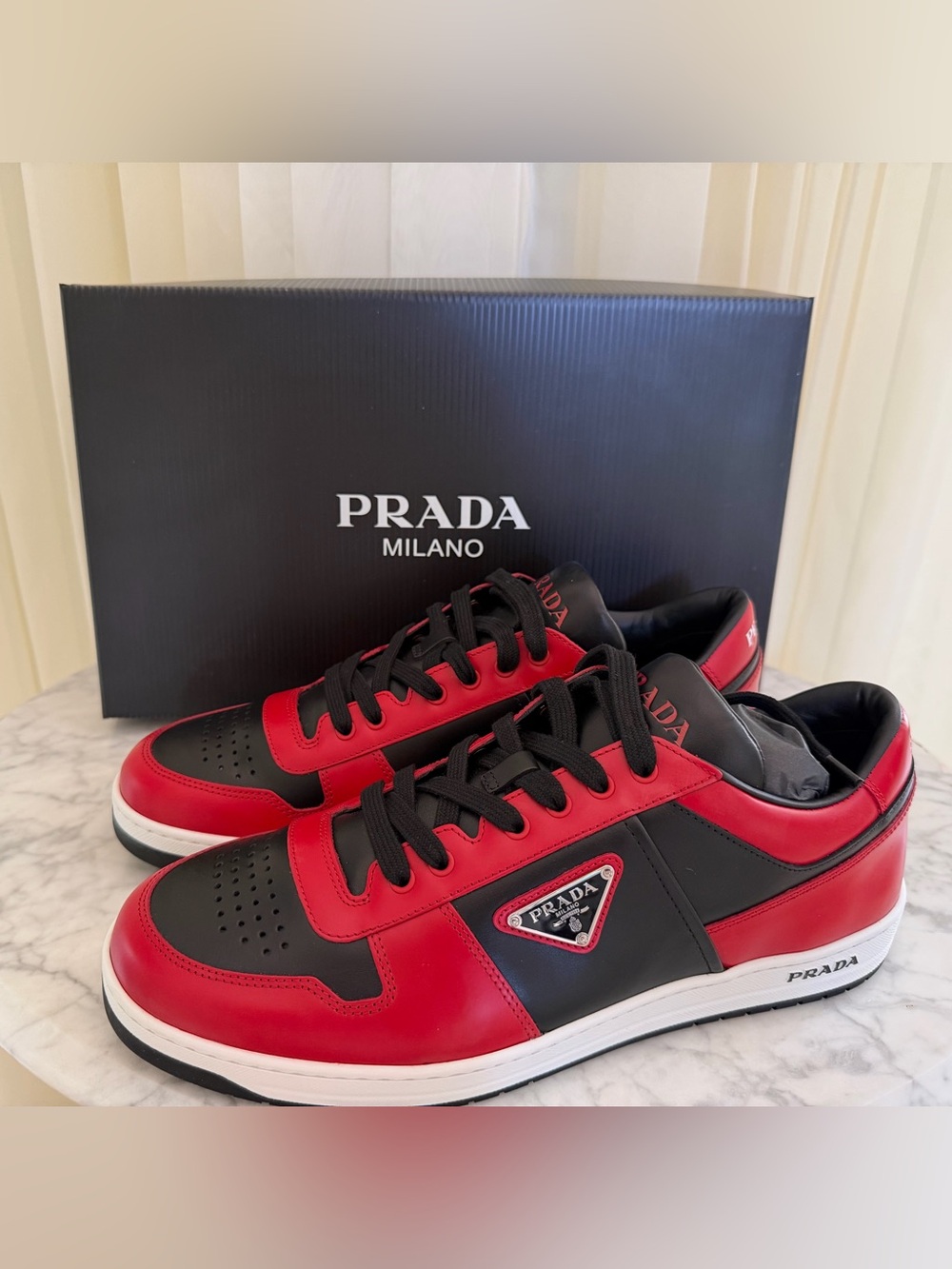 Prada Leather Low Top Sneakers Red Black Logo Plaque Men’s Size 11 EU 45 New